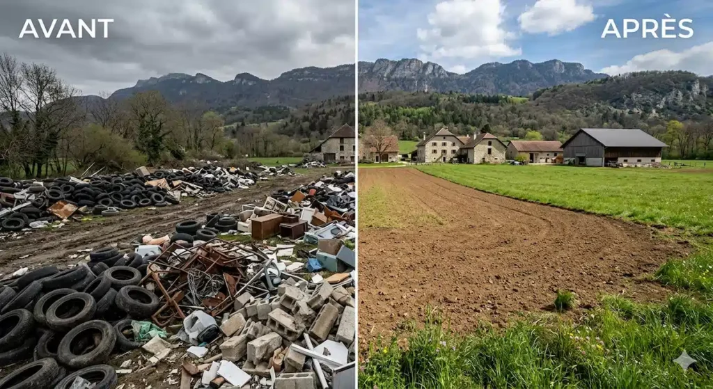 alt="Nettoyage d'urgence décharge sauvage terrain avant après Aix-les-Bains Savoie - GT Débarras"